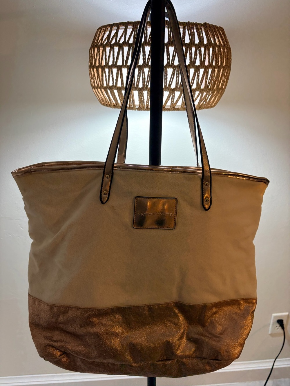 PINK Victoria's Secret Cream Canvas Tote with Rose Gold Metallic Base